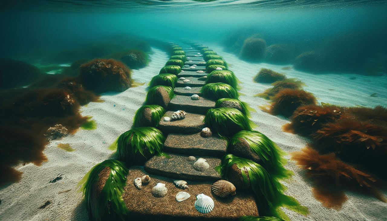 pieces of a stone pathway under the sea with seaweed and shells