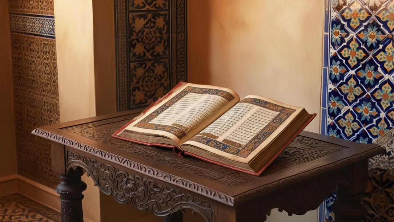 On a table in front of a wall decorated with Ottoman tiles, an open book with gilded edges is placed.jpg