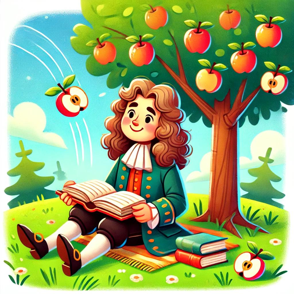 DALL·E 2025-02-13 21.37.21 - A colorful and engaging illustration of Isaac Newton sitting under an apple tree, reading a book. He is dressed in historical 17th-century clothing, w.webp