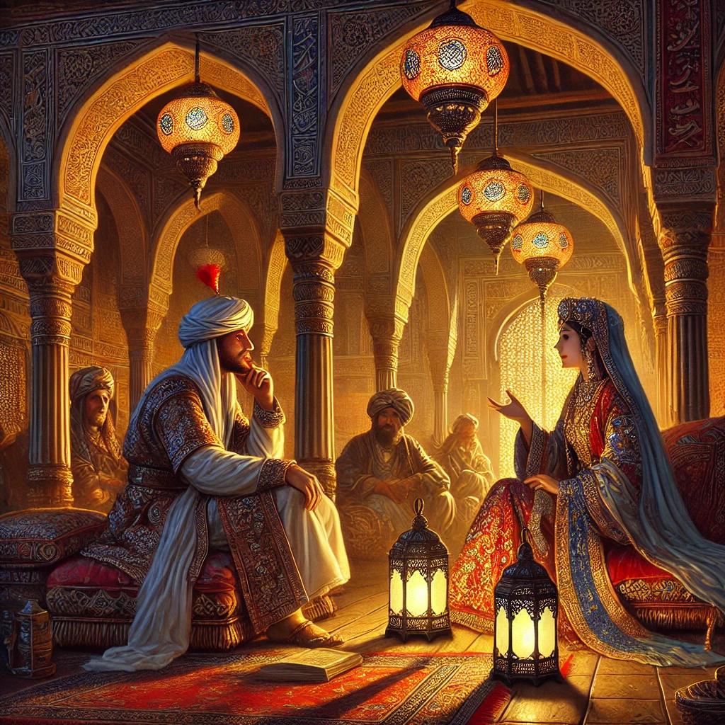 DALL·E 2025-03-06 15.44.52 - A historically accurate and detailed illustration of Scheherazade telling stories to King Shahryar in an opulent Arabian palace. The scene is illumina.webp