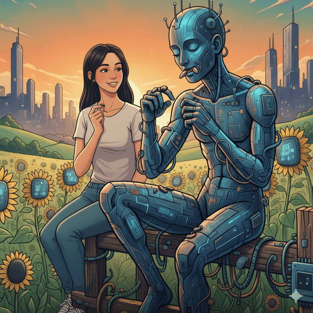 A visual representing a human and an AI robot together eating nuts, symbolizing a “core snack.”