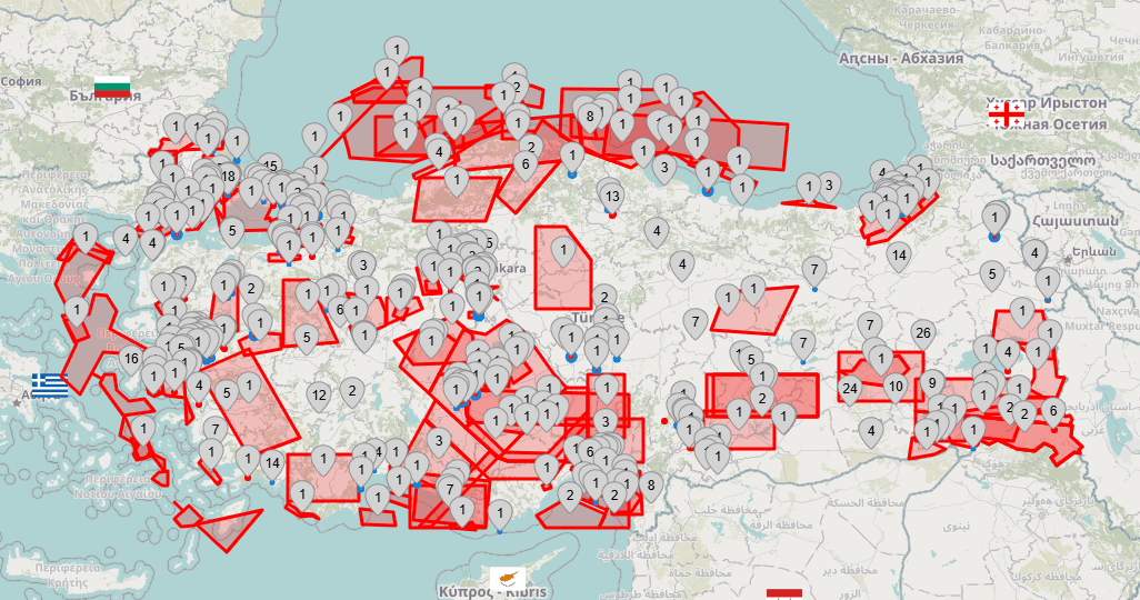 Türkiye Haritası Üzerinde İlan Edilen NOTAM'lar