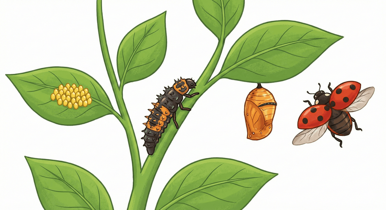 A cartoon illustration showing the life stages of a ladybug on different branches of a plant.