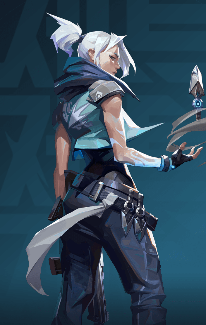 Official promotional image of Jett, a character from the Duelist class in Valorant.