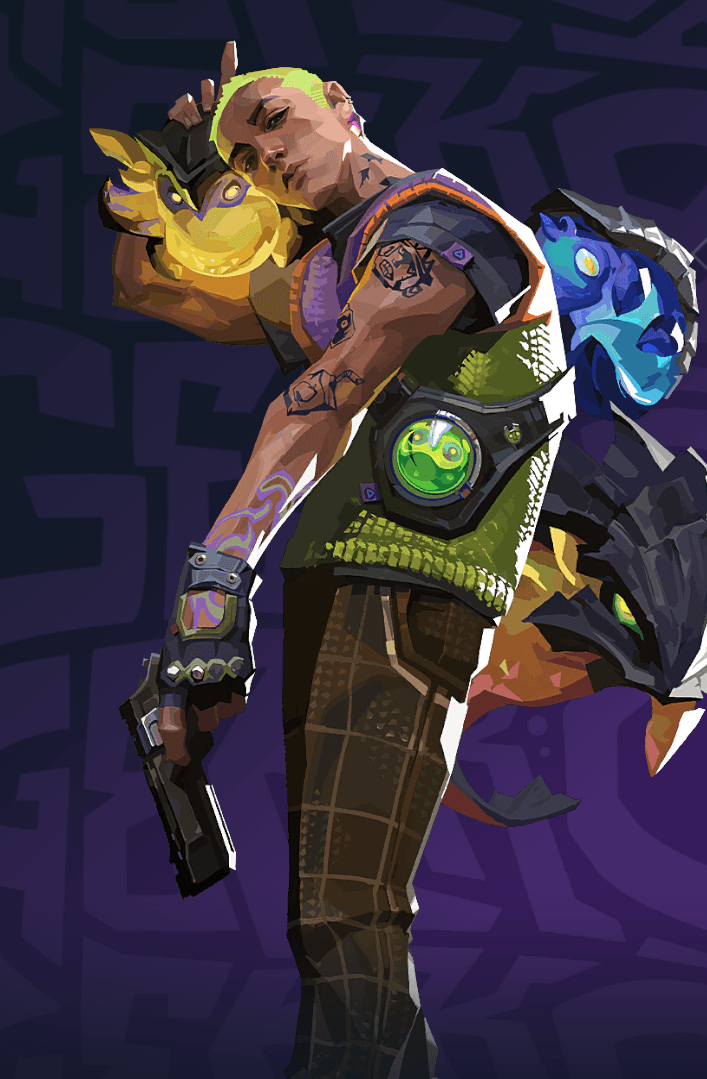 Official promotional image of Gekko, a character from the Initiator class in Valorant.