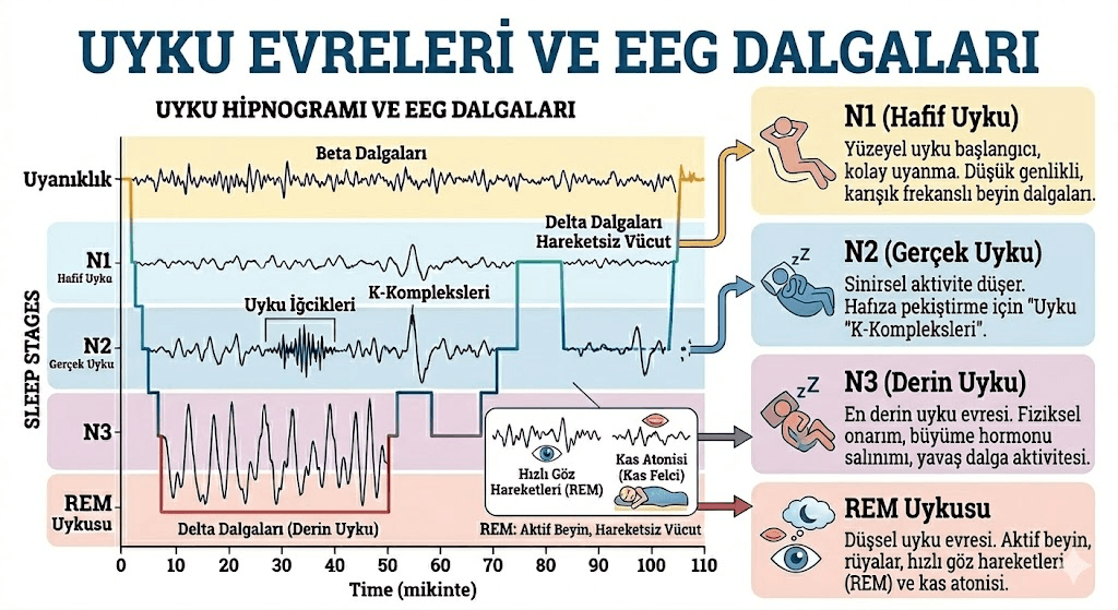Uyku döngüsü boyunca değişen beyin dalgaları ve evrelerin karakteristik özellikleri.