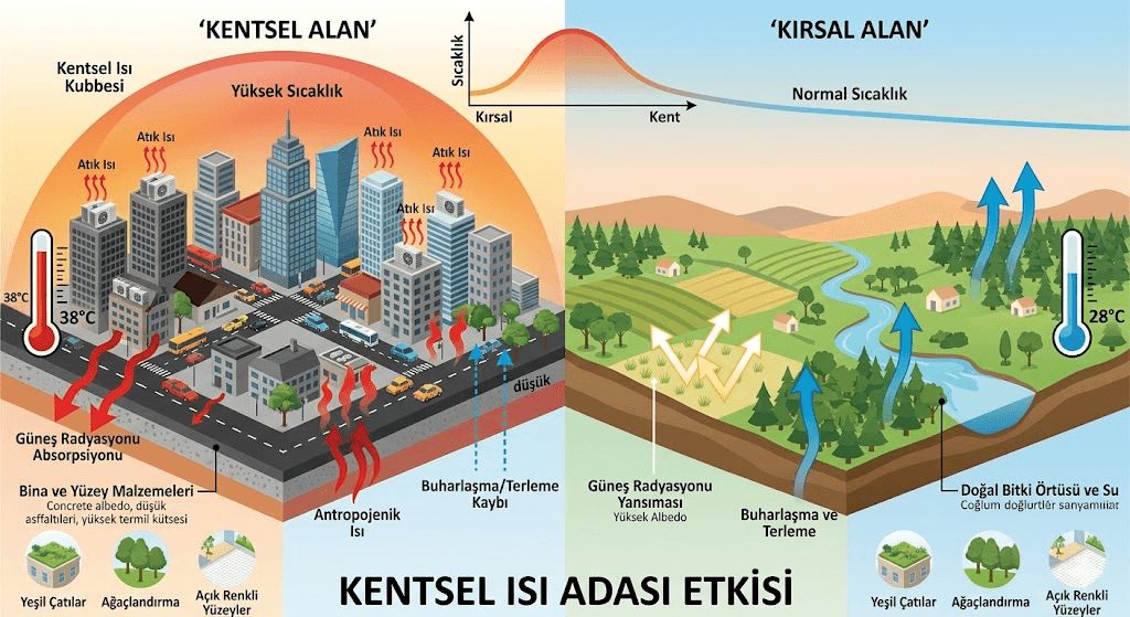 Kentsel Isı Adası etkisini gösteren infografik: Betonlaşmış şehir merkezlerinde (38°C) emilen yüksek sıcaklık ile doğal bitki örtüsüne sahip kırsal alanlardaki (28°C) serinlik arasındaki farkı görselleştirir. Görselde atık ısı, güneş radyasyonu emilimi ve buharlaşma kaybı gibi temel nedenler vurgulanmaktadır.