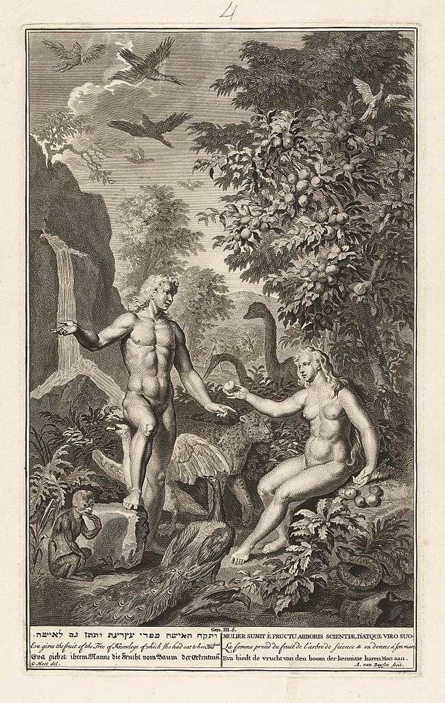 Hawwa and Adam holding the forbidden fruit from the tree
