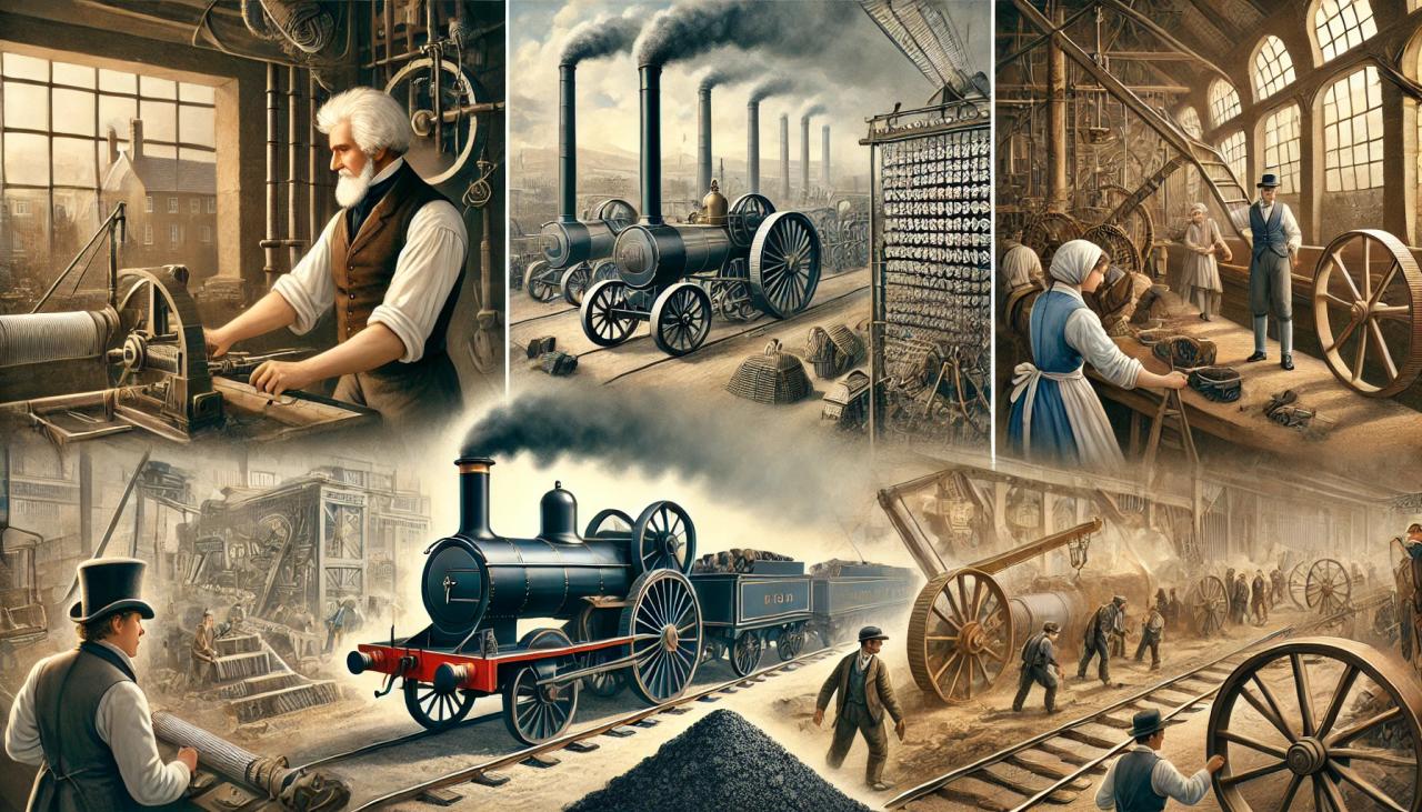 DALL·E 2025-07-24 16.51.04 - An educational digital painting showing key inventions and changes during the Industrial Revolution. 1) On the left, James Watt is seen working on a s.webp