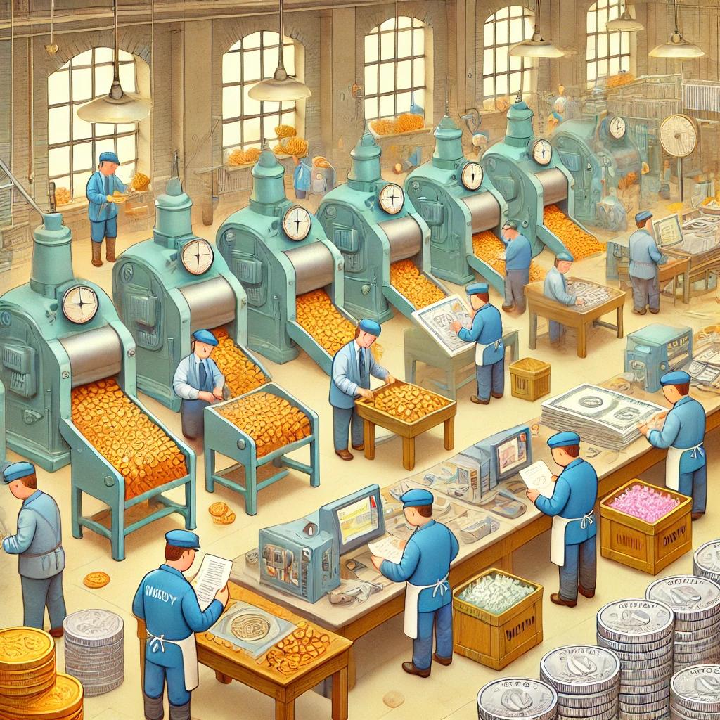 DALL·E 2025-07-31 10.06.04 - A colorful, detailed illustration in a children's book style of a real-life mint (coin and money factory). The scene shows a large, well-lit interior .webp