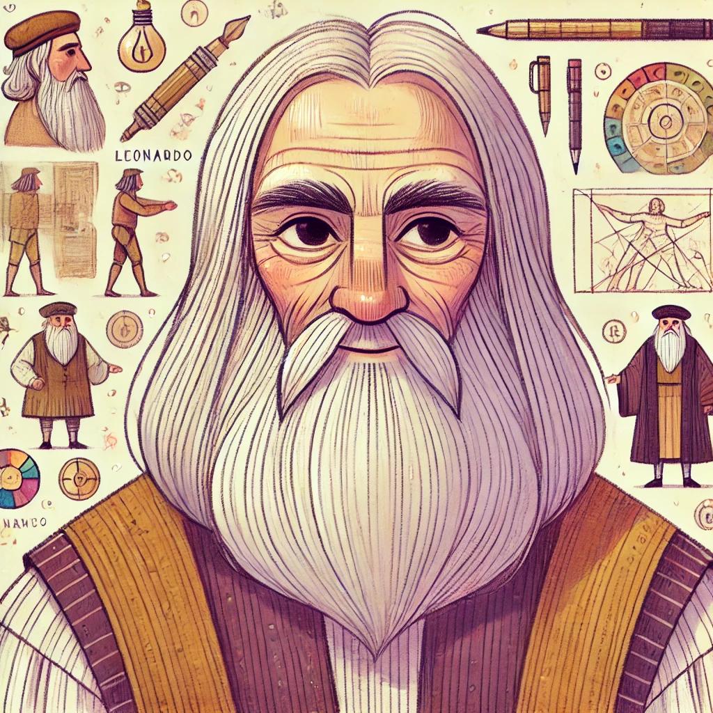 DALL·E 2025-07-31 17.00.20 - An illustrated depiction of Leonardo da Vinci in a children's book style, without any text. He appears as a kind and wise old man with long white hair.webp