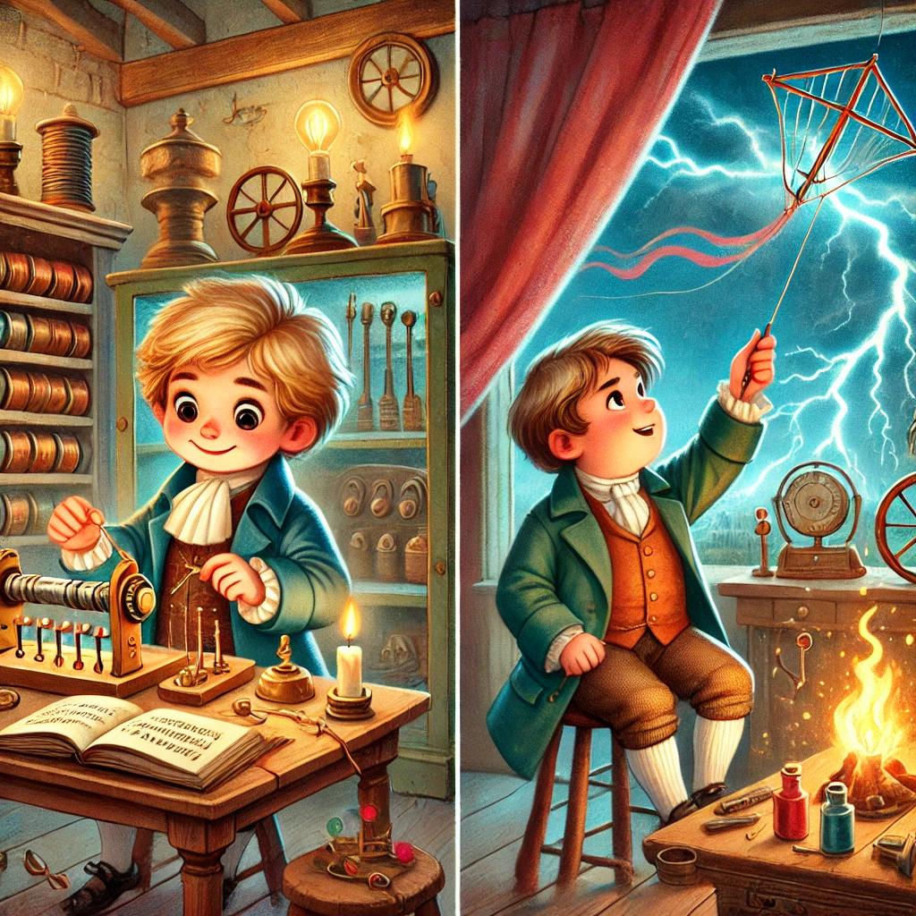 DALL·E 2025-08-06 10.15.29 - Children's picture book style illustration showing a young Michael Faraday and Benjamin Franklin experimenting with electricity. The scene is whimsica.webp