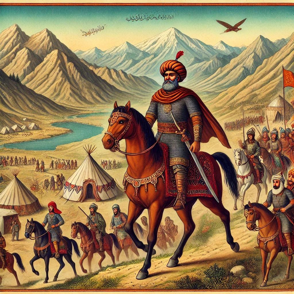 DALL·E 2025-10-08 12.05.33 - A historical illustration based on Çağrı Bey's early 11th-century Anatolian expedition. Show Çağrı Bey as a central figure on horseback, wearing Selju.webp
