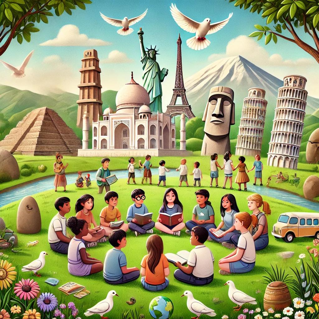 DALL·E 2025-11-14 16.37.18 - A peaceful and symbolic illustration representing UNESCO without any text. The scene includes a diverse group of children sitting in a circle on green.webp