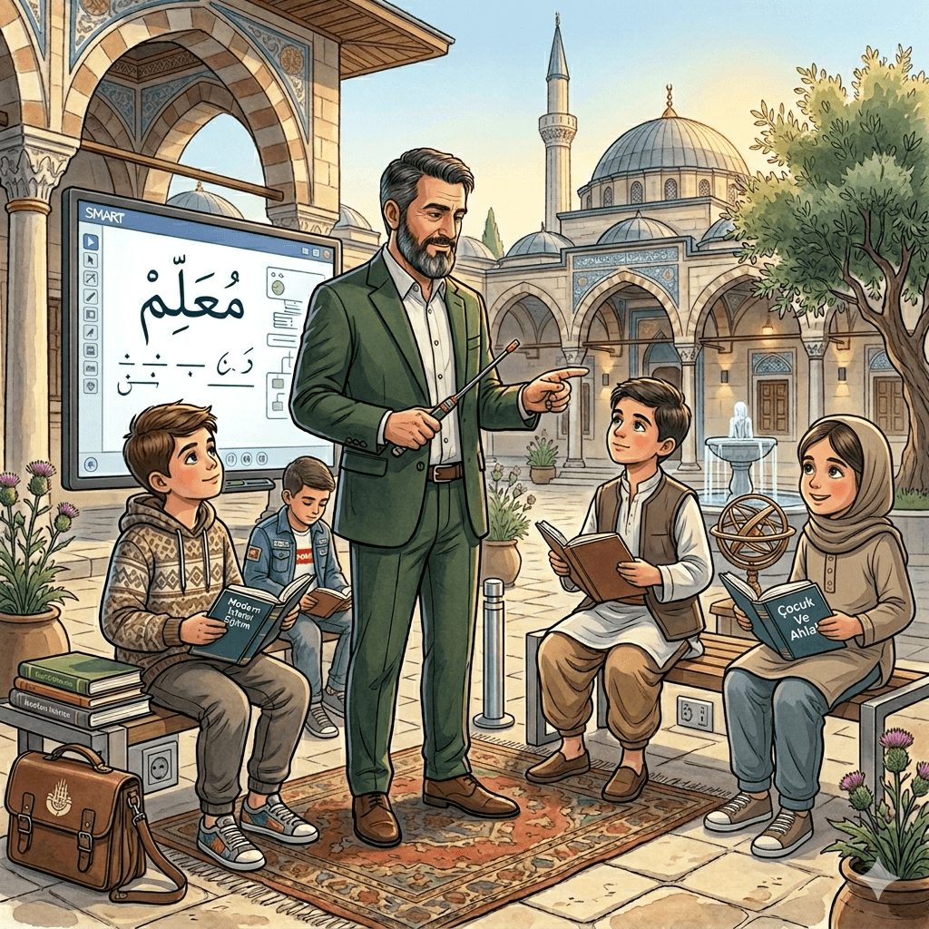 Students learning Ottoman Turkish in the courtyard of a historic mosque and medrese (Image generated by artificial intelligence).