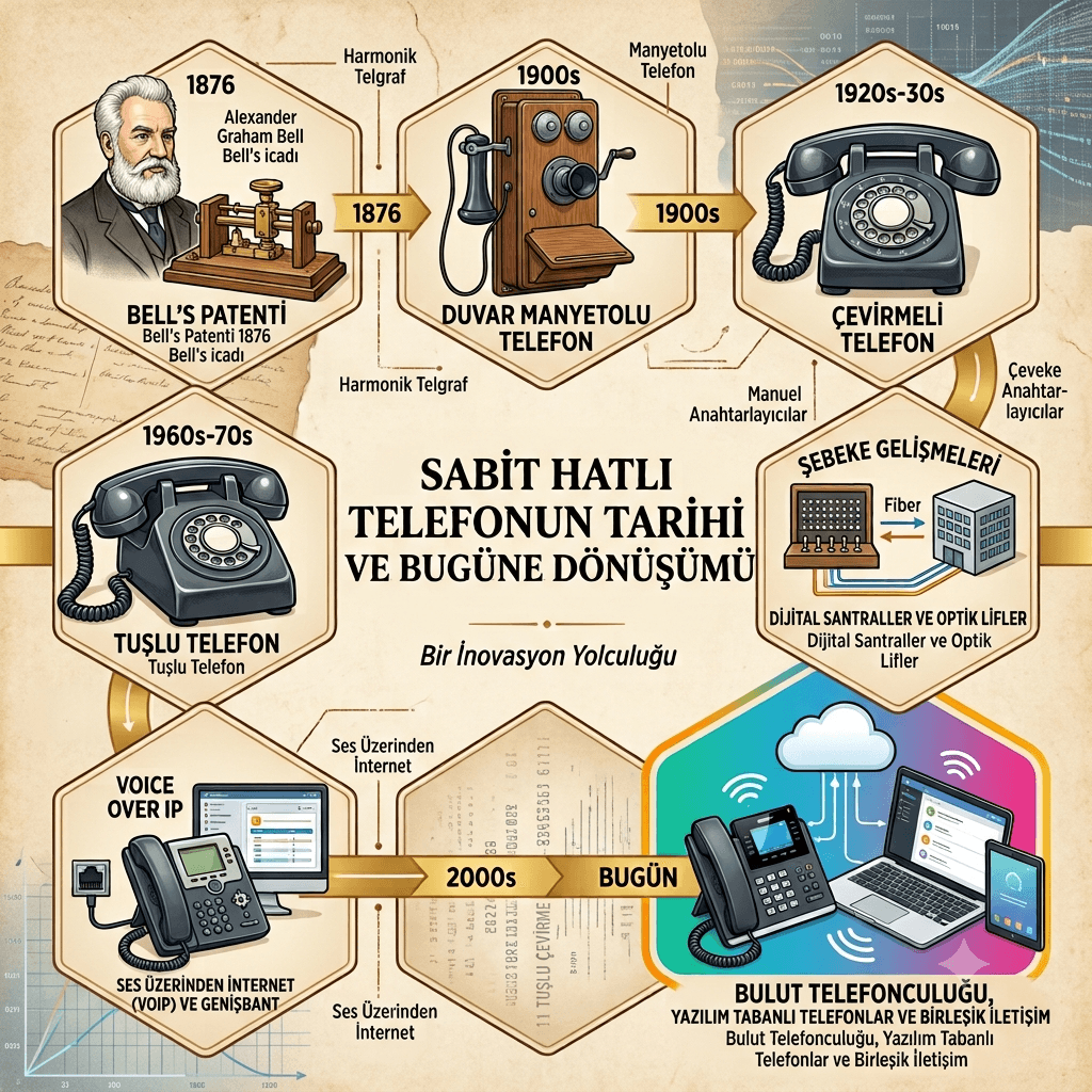 Sabit hatlı telefonun dönüşümünü gösteren bir şema (Görsel yapay zekâ ile oluşturulmuştur).