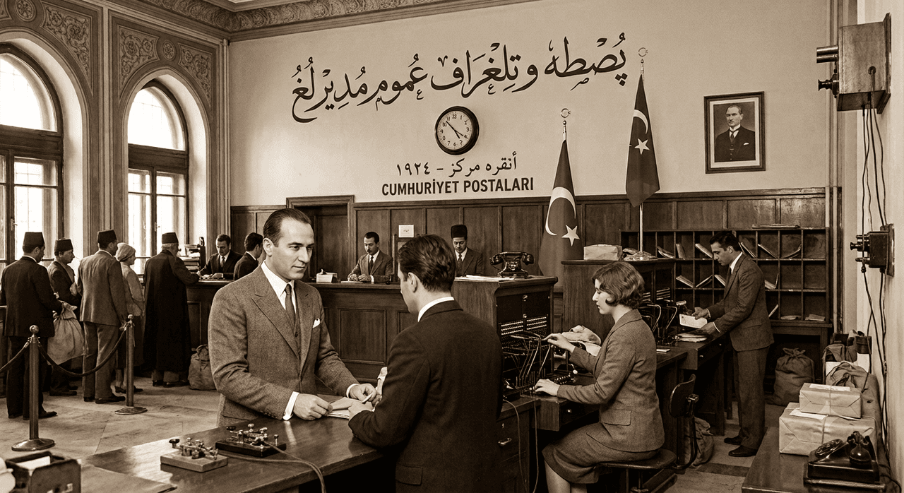 Cumhuriyetin ilk dönemlerinde PTT (Görsel yapay zekâ ile oluşturulmuştur).