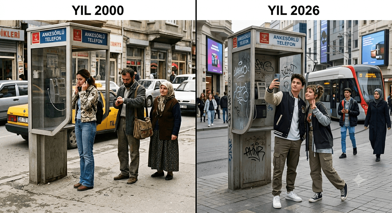 Sabit hatlı ankesörlü telefonun yıllar içindeki değişimi (Görsel yapay zekâ ile oluşturulmuştur).