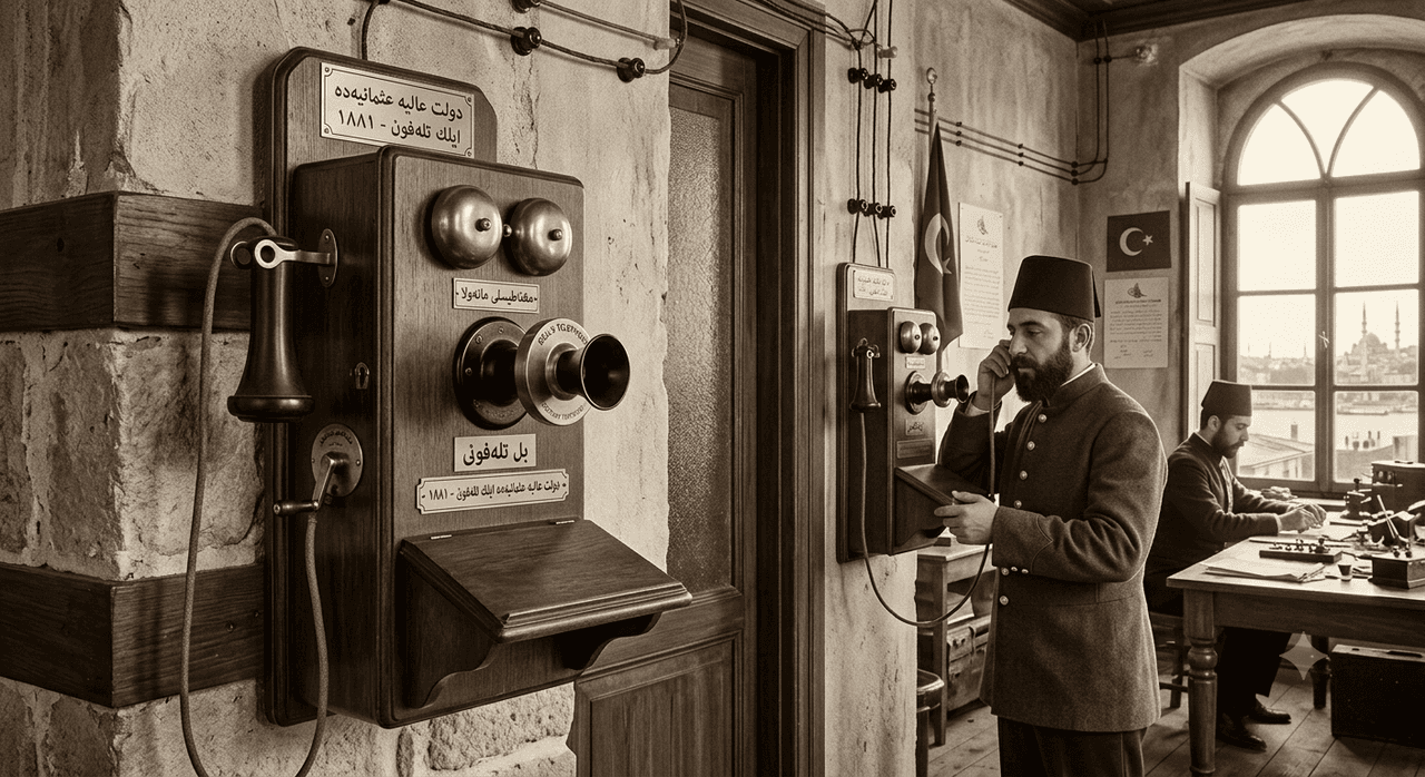 Osmanlı'da kullanılan ilk sabit telefon (Görsel yapay zekâ ile oluşturulmuştur).