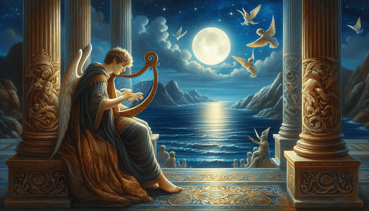 a prince playing a lyre by the sea under the moonlight