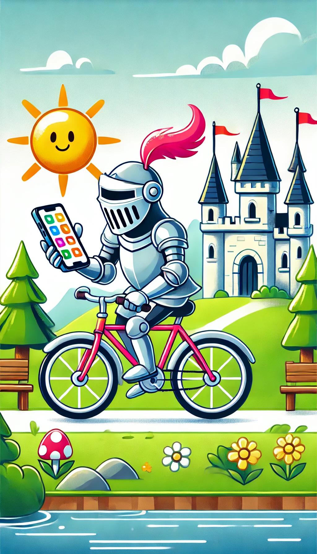 DALL·E 2025-01-06 16.35.58 - A colorful and playful illustration designed for children, depicting an anachronistic scene where a medieval knight wearing shiny armor is riding a bi.webp