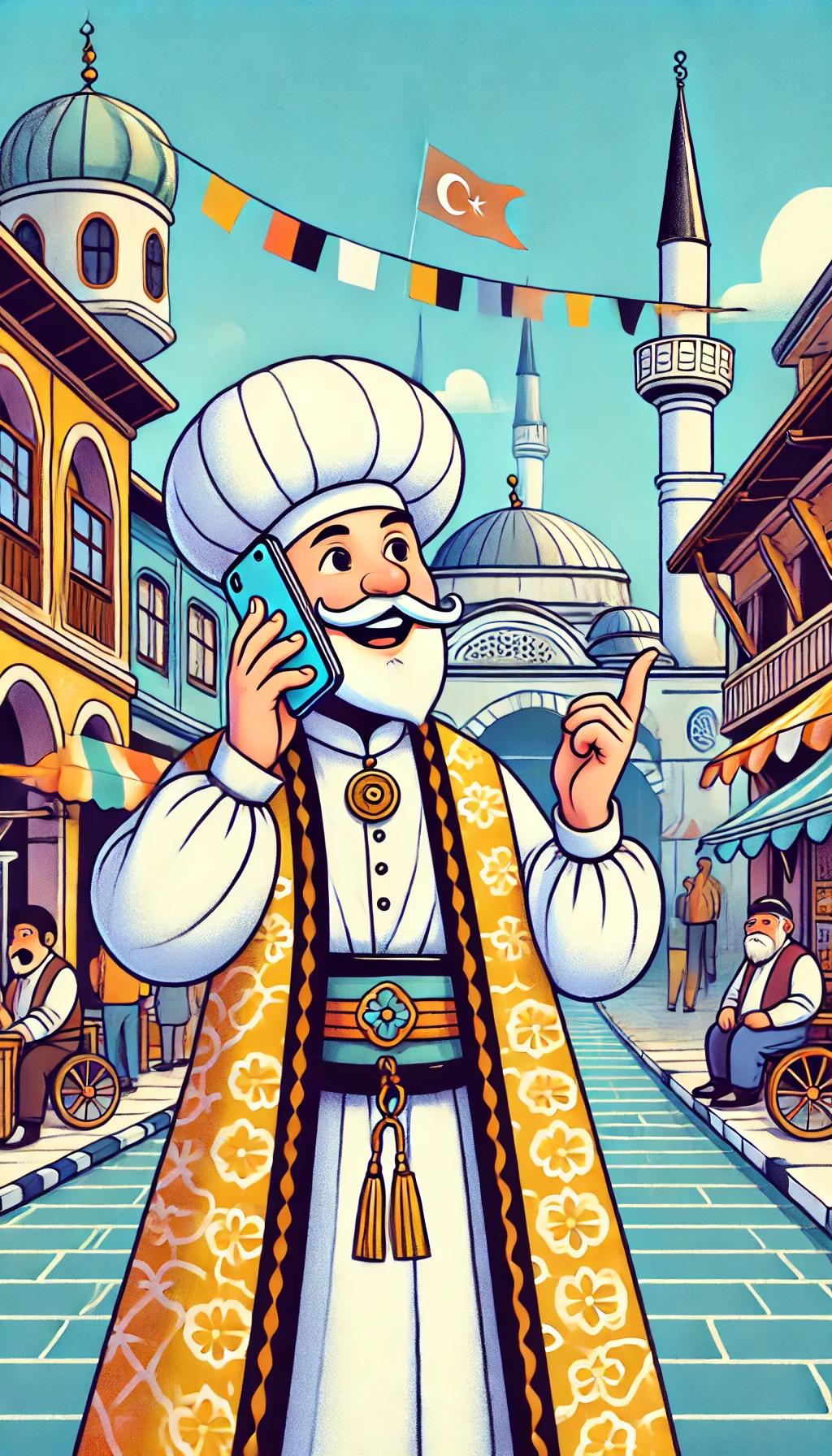 DALL·E 2025-01-06 16.37.06 - A playful and imaginative illustration of an Ottoman Janissary in traditional attire, including a tall white hat and flowing robes, holding a modern s.webp