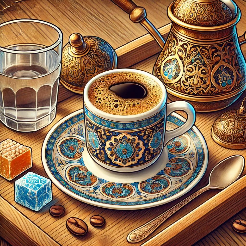 DALL·E 2025-01-08 20.32.29 - A detailed illustration of a traditional Turkish coffee cup placed on a wooden tray. The cup is small, porcelain, and has intricate Ottoman-style patt.webp