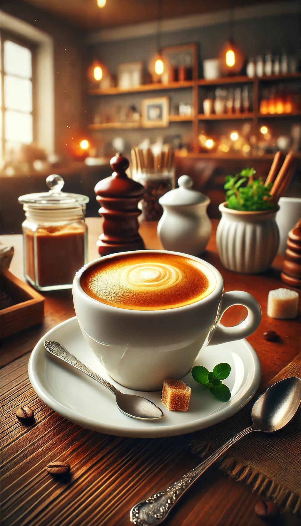 DALL·E 2025-01-08 16.37.20 - A beautifully presented cup of Caffè Crema, served in a white porcelain cup with a matching saucer, on a wooden table. The coffee has a thick, golden .webp