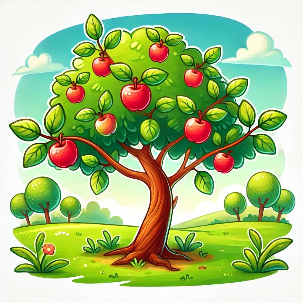 DALL·E 2025-02-13 21.37.37 - A colorful and engaging illustration of an apple tree in a bright and cheerful garden. The tree stands alone with a sturdy trunk and lush green leaves.webp