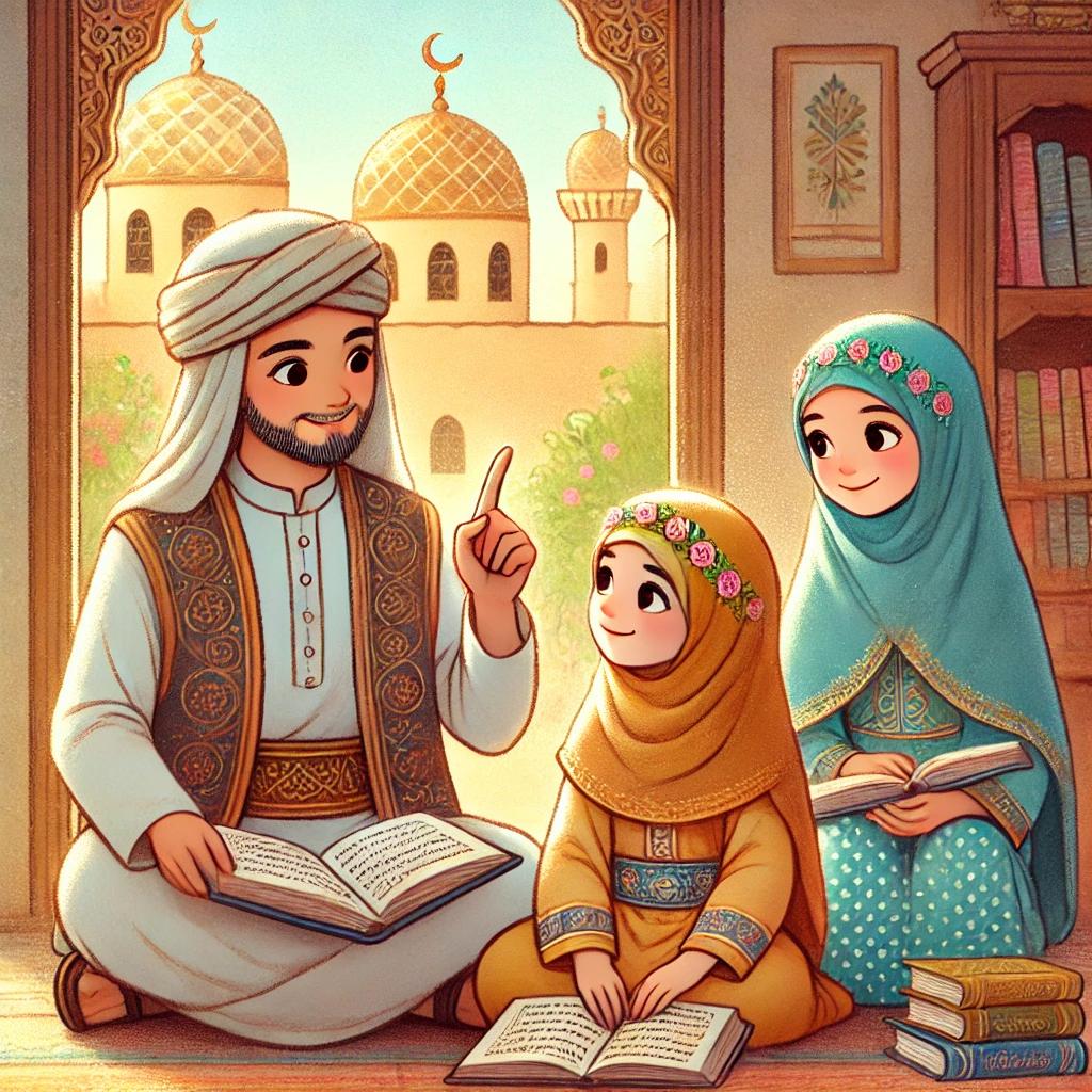 DALL·E 2025-03-06 10.33.23 - A warm and engaging illustration of young Fatima al-Fihri with her family in 9th-century North Africa. Fatima, as a child, is shown sitting with her f.webp