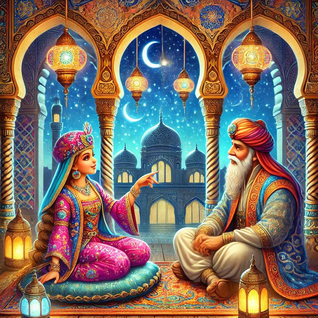 DALL·E 2025-03-06 15.54.03 - A vibrant and magical illustration of Scheherazade telling stories to King Shahryar in a grand Arabian palace. Scheherazade, wearing traditional Middl.webp