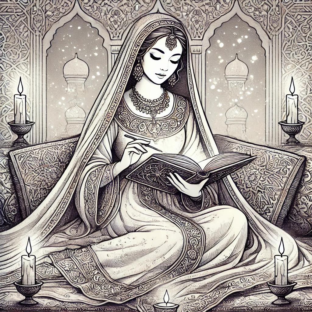 DALL·E 2025-03-06 16.01.48 - A detailed and elegant illustration of Scheherazade, the legendary storyteller from One Thousand and One Nights. She is depicted wearing a modest, ful.webp