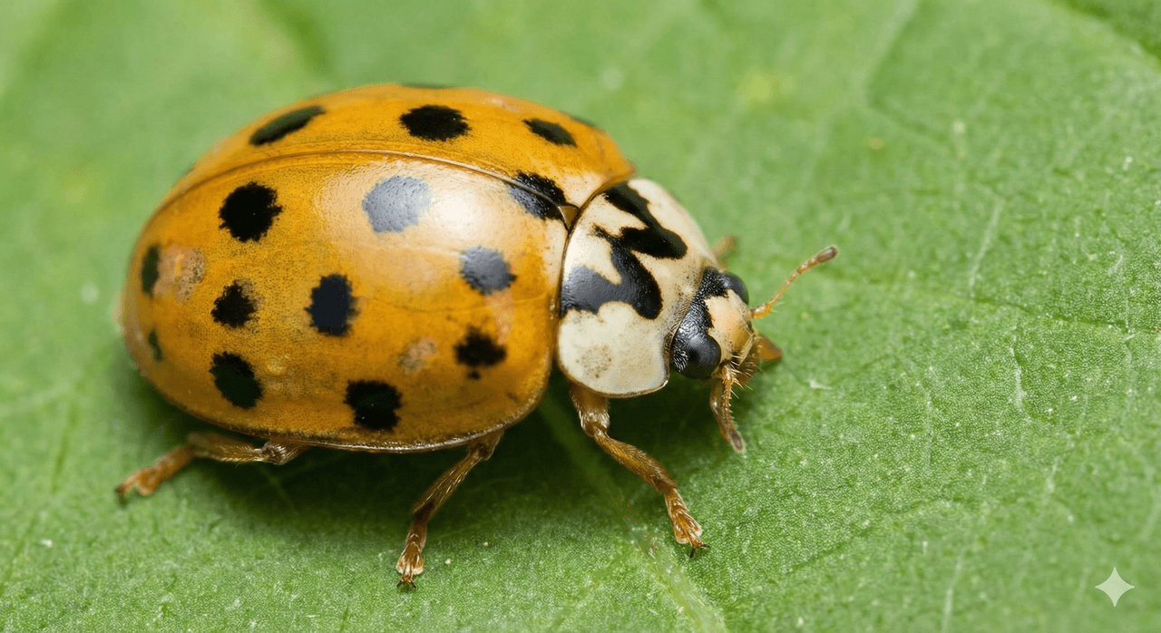 A close-up photograph. A yellow-orange ladybug with black spots rests on a green, veined leaf. A thick black spot resembling the letter “M” is clearly visible on the white area just behind its head.