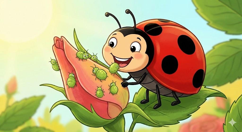 A happy cartoon ladybug happily eating tiny green aphids on a rose bud.
