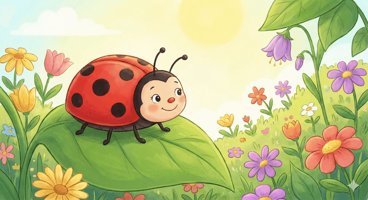 A large bright green leaf with a smiling, cute cartoon ladybug resting on it, its shell red with shiny black spots.