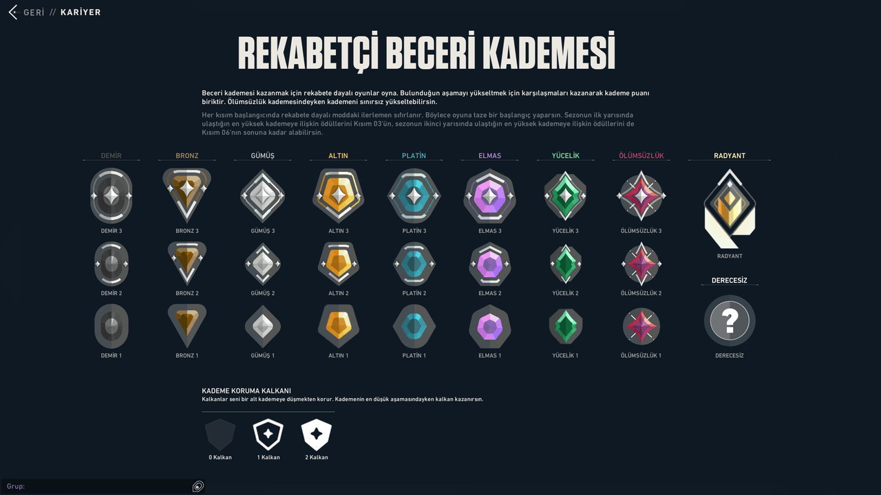 In-game screenshot from Valorant's career tab showing the rank tiers: Iron, Bronze, Silver, Gold, Platinum, Diamond, Immortal, Radiant.