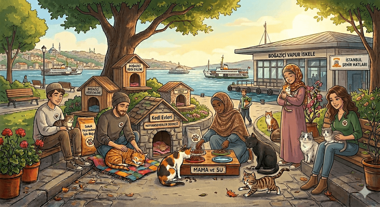 Sokak hayvanlarıyla ilgilenen gençler (Görsel yapay zekâ ile oluşturulmuştur).