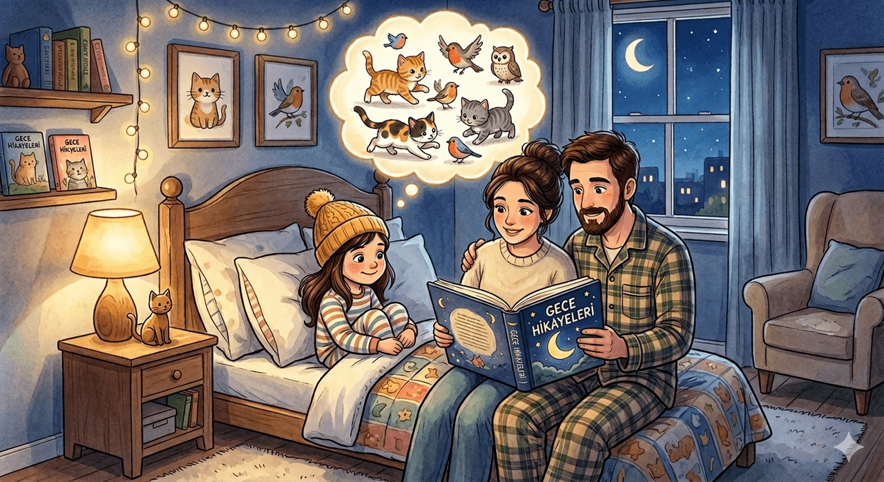Ailesiyle birlikte kitap okuyarak sokak hayvanlarını düşünen bir kız çocuğu (Görsel yapay zekâ ile oluşturulmuştur).