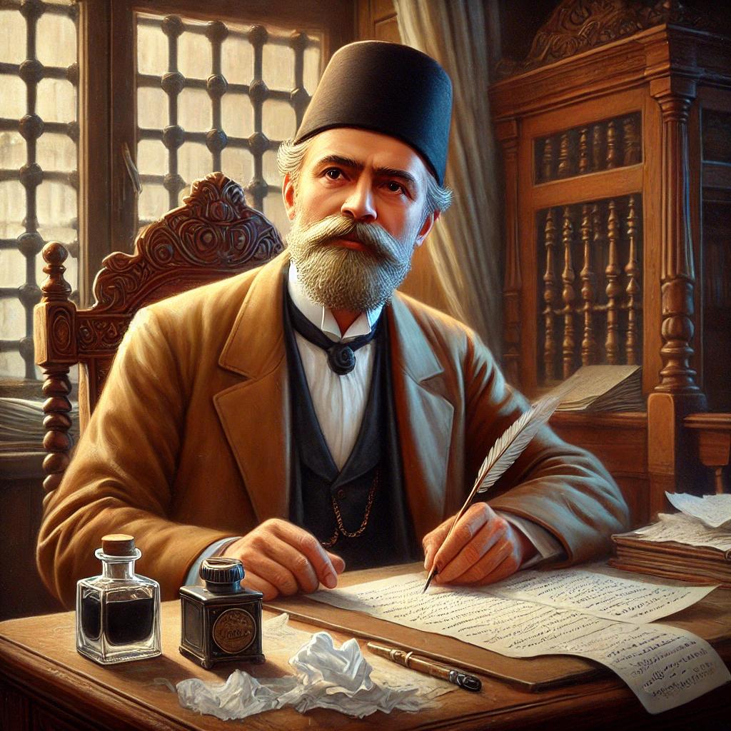 DALL·E 2025-12-01 15.07.59 - Another realistic historical portrait of Namık Kemal, the 19th-century Ottoman intellectual and political thinker. He is shown seated at a wooden desk.webp